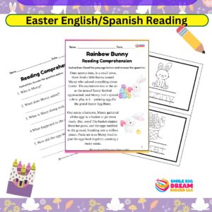 Rainbow Bunny Bilingual (English/Spanish) Easter Reading Comprehension | Reading Comprehension Questions | Vocabulary | Coloring