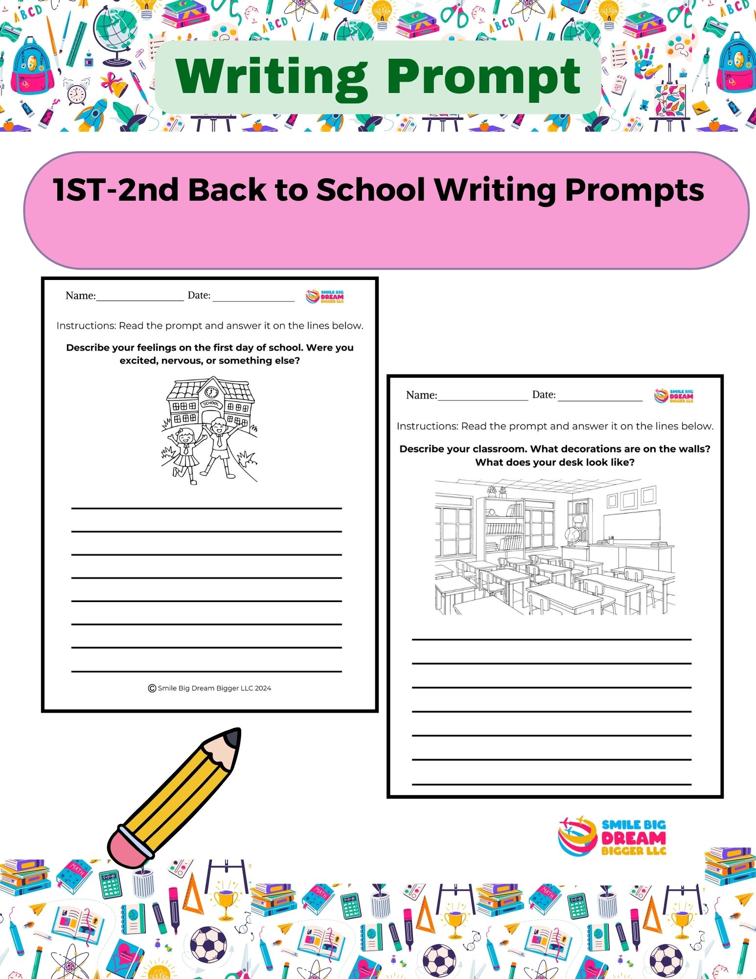 1st-2nd Grade Morning Work - Daily Writing Prompts & Coloring - Back to School